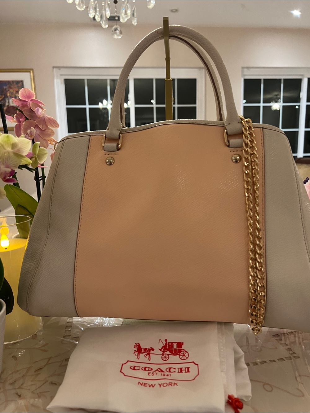 Coach Blush Peach Ivory Pebbled Leather Satchel Gold Chain Carryall Luxury - Picture 4 of 16